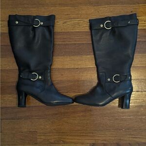 Black Leather Knee-High Boots Wide